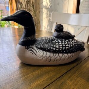 Vintage Signed Ceramic Black & White Loon Sculpture with Chick - Home Art